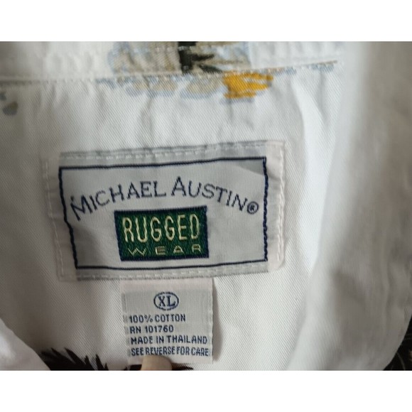 Michael Austin Mens Hawaiian Shirt XL Cotton Short Sleeve Pam Trees Cream - Picture 14 of 15